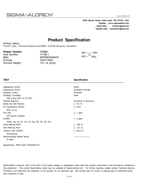 Sigma Aldrich T1503 Trizma® base Primary Standard and Buffer - Sigma ...