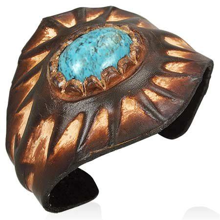 Genuine Brown Leather Weave Wristband Cuff Bangle w/ Turquoise