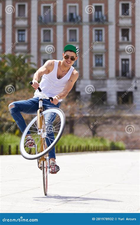 Fitness, City and Man Riding a Bicycle and Practicing Tricks and Skills ...