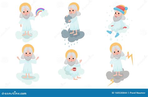 Set of Cartoon Gods Making Dayly Routins on White Clouds Vector Illustrations Stock Vector ...