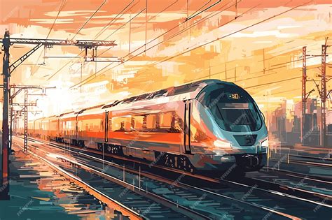 Premium Vector | Highspeed train in motion on the railway station at sunset fast moving modern ...