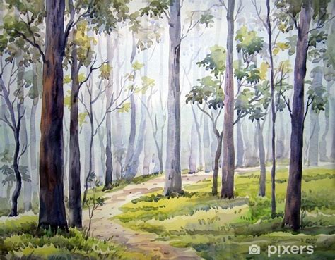 Wall Mural Forest - Watercolor Painting - PIXERS.US