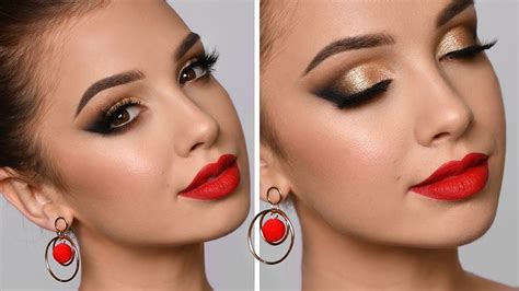 HOLIDAY GLAM Makeup Tutorial | Red Lipstick and Gold Smokey Eye ...