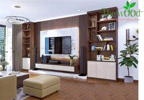 Thi công ốp vách tivi bằng gỗ nhựa phủ màng film Laminate - thewood.vn