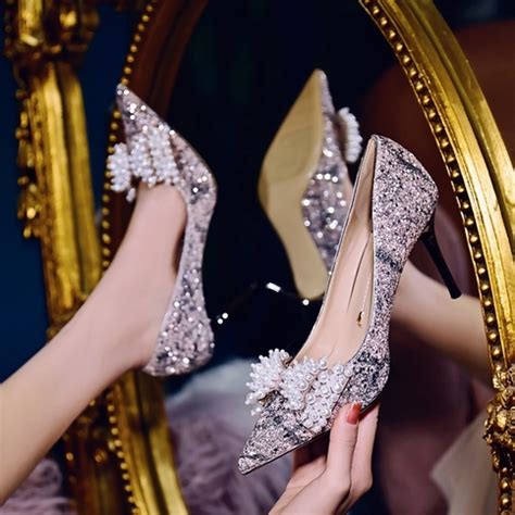 Silver Crystal Pointed Toe High Heels Cinderella Shoes F8776 · Eoooh ...