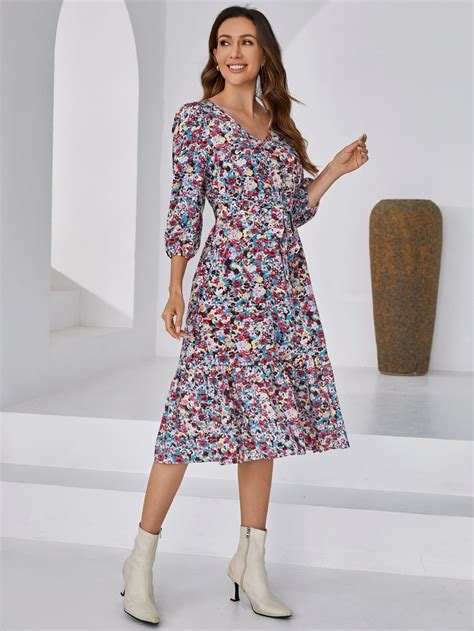 SHEIN Floral Print Belted Dress | SHEIN USA