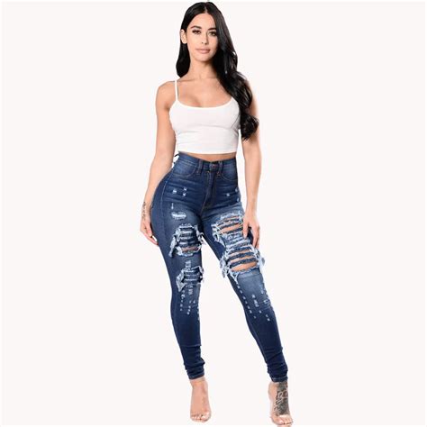 SEJIAN 2017 Light Blue Retro Jeans Hole Ripped Trousers Stretch Tight ...