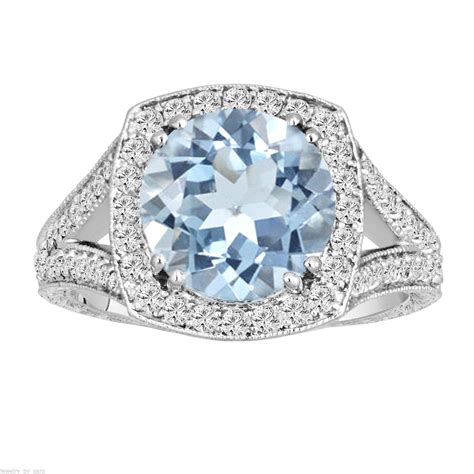 Aquamarine & Diamonds Engagement Ring 14K White by JewelryByGaro