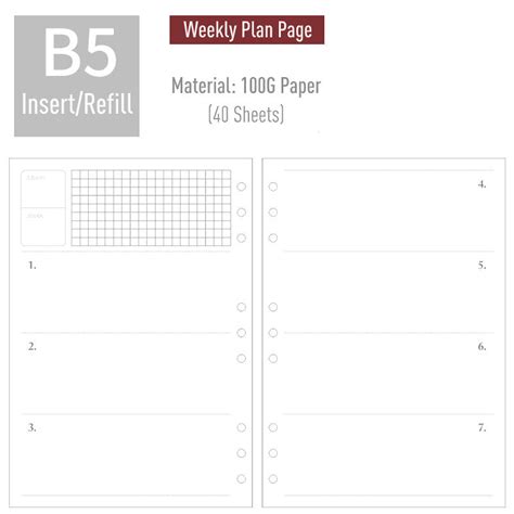 B5 Planner Refills (40 Sheets)-Grid/Dotted/Weekly/Monthly Page – Bujo ...