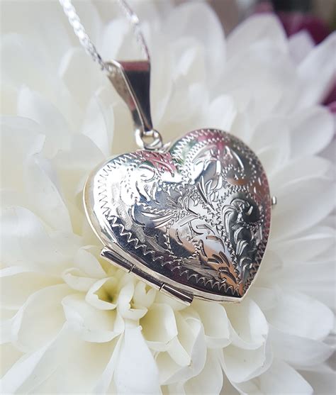 Large Sterling Silver Engraved Heart Locket Necklace