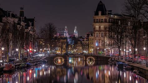 HD wallpaper: amsterdam, europe, city lights, canal, reflection ...