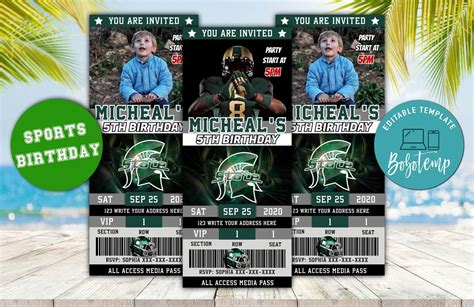 Editable Michigan State Spartans Birthday Ticket Invitations DIY | Bobotemp