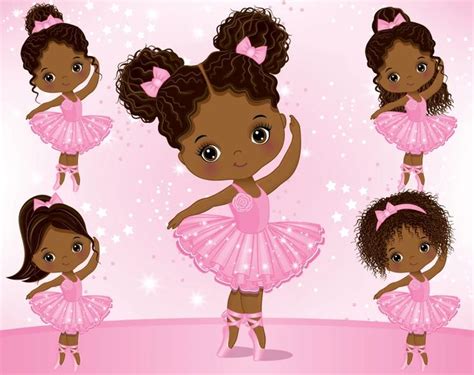 Little Ballerina Clipart, Vector Ballerina, Ballet, Afro Puffs, Bun, Pink Tutu, PNG, Cute ...