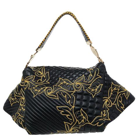 Versace Black/Yellow Barocco Leather Floral Stitch Top Handle Bag at ...