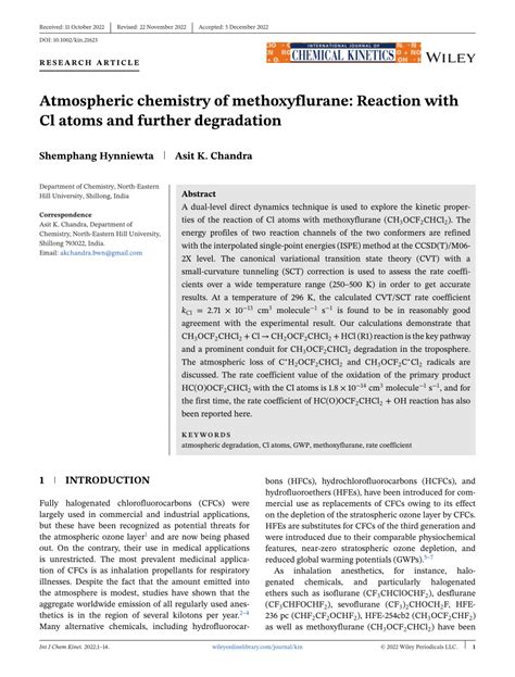 (PDF) Atmospheric chemistry of methoxyflurane: Reaction with Cl atoms and further degradation