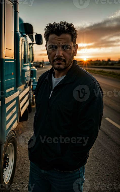 photo of truck driver with truck in background sunset scene generative ...