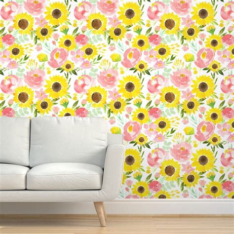 Watercolor Sunflower Botanical Wallpaper Sunflower Garden - Etsy