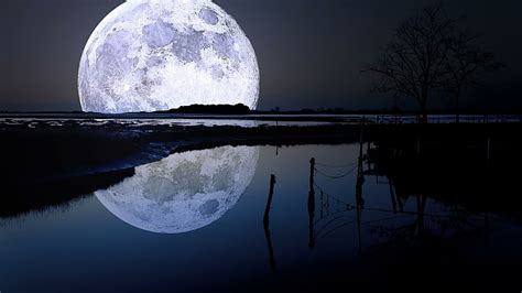 HD wallpaper: moon, lake, full moon, reflected, reflection, night sky ...