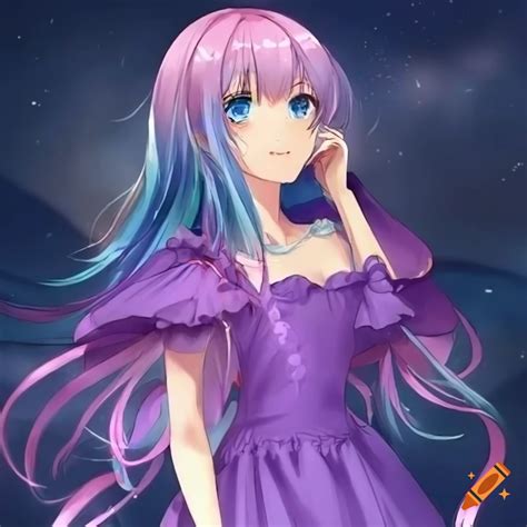 Anime girl with pink and blue hair, blue eyes, long violet dress on Craiyon