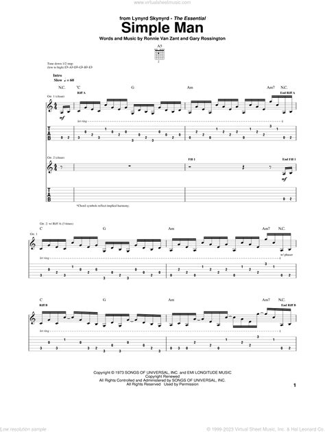 Skynyrd - Simple Man sheet music for guitar (tablature) [PDF]