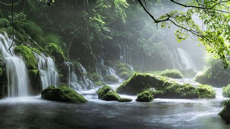 1920x1080 Spring Waterfall Stone Fog Mist Green Forest 8k Laptop Full HD 1080P ,HD 4k Wallpapers ...