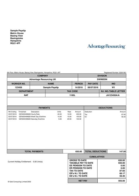 Printable Blank Payslip Template