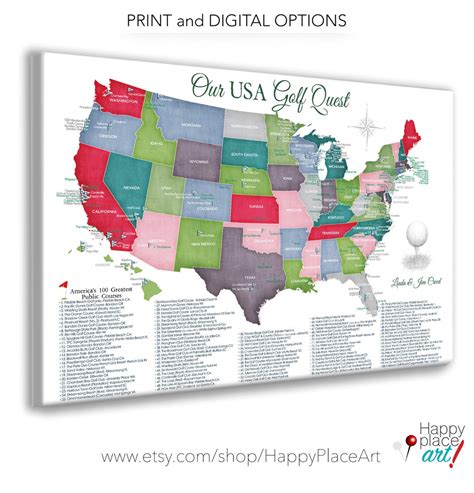 Top 100 Public Golf Courses Map of USA, Gift for Golfer, Personalized ...