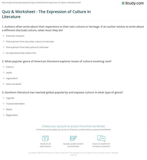 Quiz & Worksheet - The Expression of Culture in Literature | Study.com