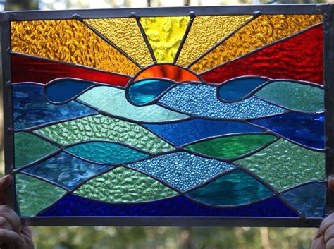 OCEAN SUNSET Stained Glass Panel Window Suncatcher Original Design | Stained glass crafts ...