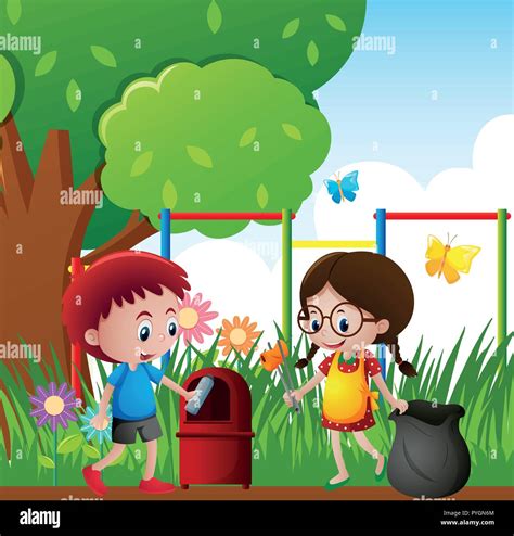 Two kids picking up trash in the park illustration Stock Vector Image ...