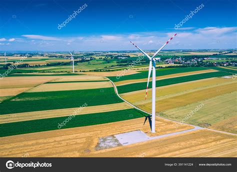 Aerial View Wind Turbine Windmills Harvest Time Fields Agricultural Fields Stock Photo by ...