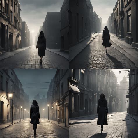 Black haired girl walking alone in the early morning on an empty street, composite photograph ...