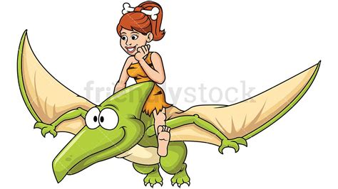 Cave Woman Riding Pterodactyl Dinosaur Vector Cartoon Clipart ...