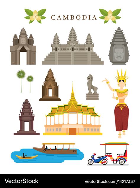 Cambodia landmarks and culture object set Vector Image