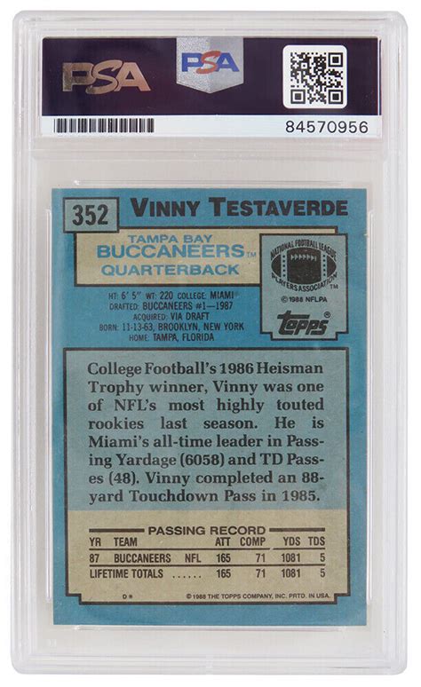 Vinny Testaverde Autographed Buccaneers 1988 Topps Rookie Card #352 -PSA | eBay