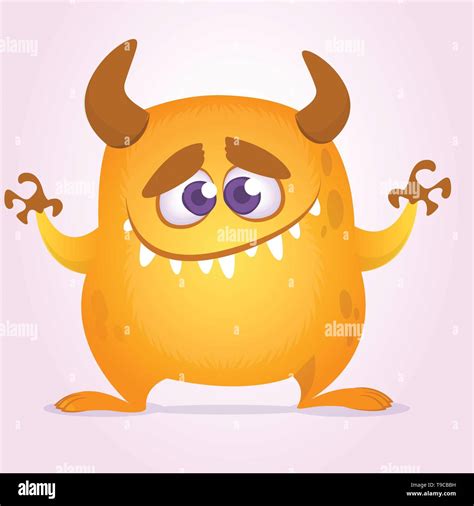 Happy cute cartoon monster with horns. Vector orange monster ...