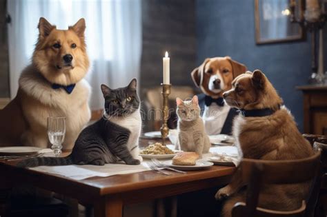 A Formal Dinner Party with a Cat and Dog Attending in Formal Attire Stock Photo - Image of pets ...