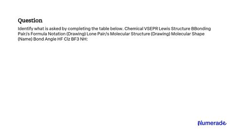 SOLVED: Text: Identify what is asked by completing the table below. Chemical VSEPR Lewis ...