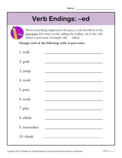 Verb Endings: -ed | Printable 1st - 2nd Grade Grammar Activity