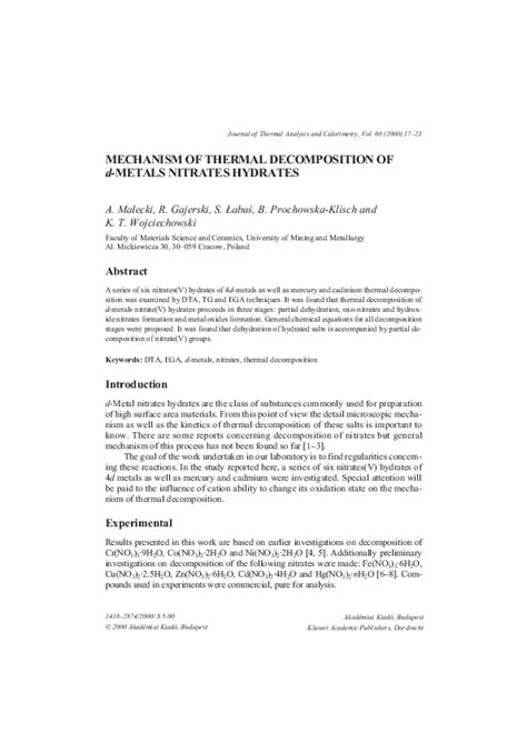 (PDF) Mechanism of Thermal Decomposition of d-metals Nitrates Hydrates