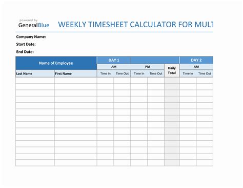 Weekly Timesheet Calculator For Multiple Employees in Excel