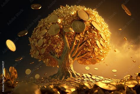 golden gold coin tree has coins as leaves that fall on ground, idea for ...