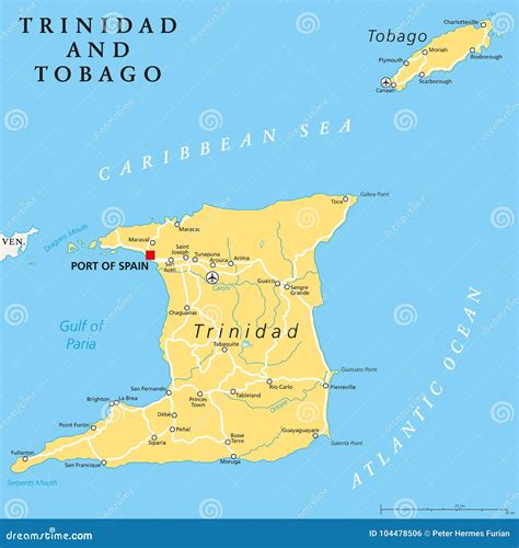 Trinidad and Tobago Political Map Stock Vector - Illustration of port, lesser: 104478506