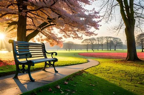 Premium Photo | A park bench with a sunset in the background