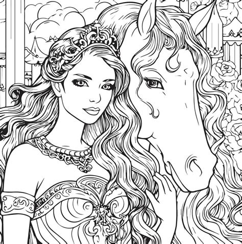 a unicorn and princess coloring page 27533820 Vector Art at Vecteezy