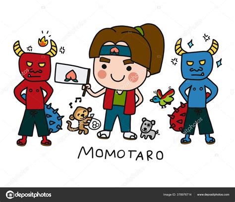 Momotaro Japansese Traditional Tales Cartoon Set Doodle Style Vector Illustration — Stock Vector ...