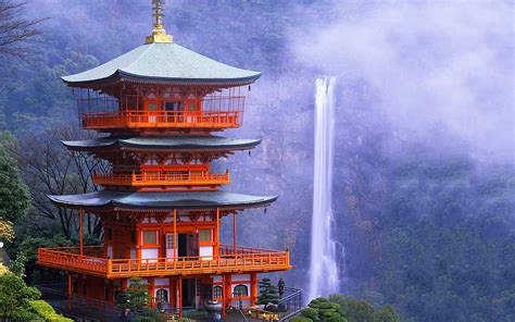 Kyoto, Japanese temple, waterfall, rock, mountains, Japanese ...