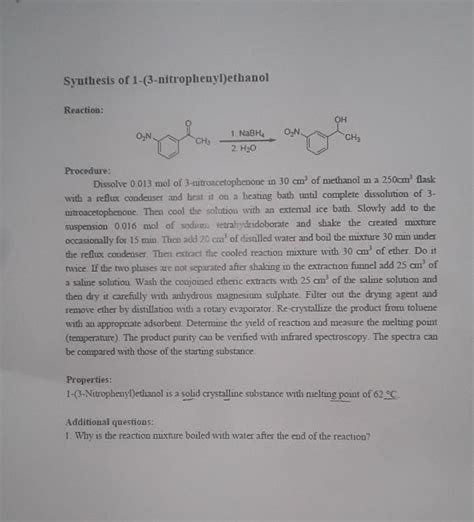 Solved Synthesis of 1-(3-nitrophenyl)ethanol Reaction: OH ON | Chegg.com