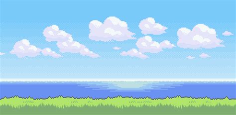 pixel art landscape with blue sky, clouds and green grass by the ocean on a sunny day