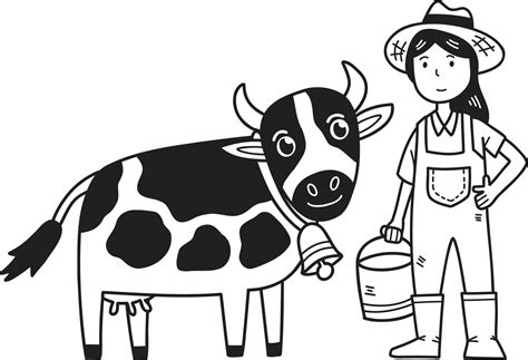 Hand Drawn woman farmer standing next to cow illustration 11884070 Vector Art at Vecteezy